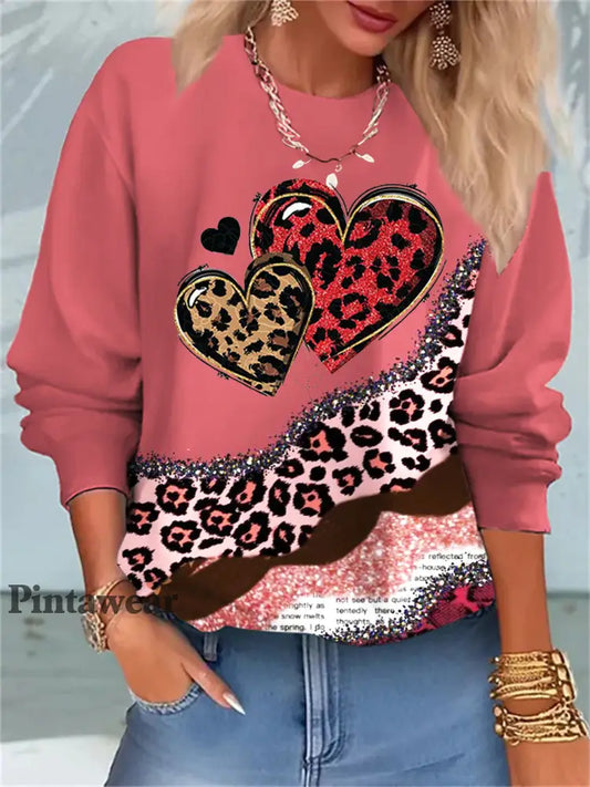 Hearts Leopard Print Round Neck Long Sleeve Top multicolor / S Día de San Valentín