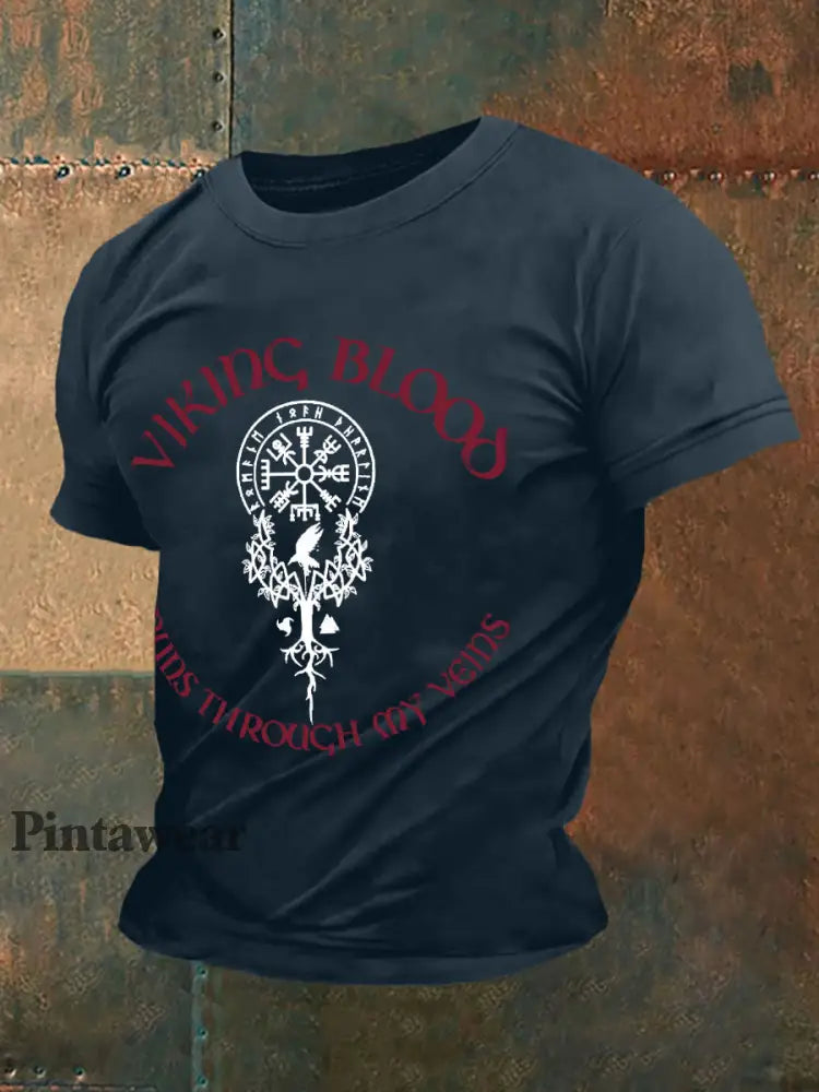 Herrens Retro Viking Blod Nordic Style Casual Tee marinblå färg / S