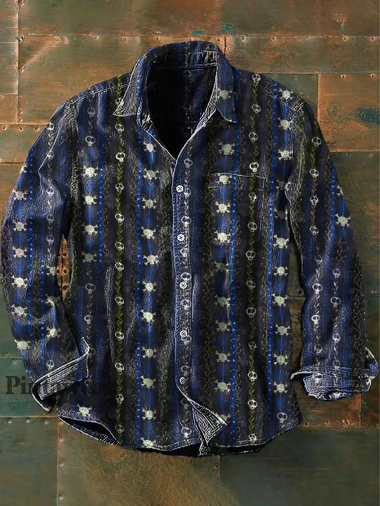 Hombres al aire libre vintage punk gótico muerte cráneo patrón casual algodón camisa de manga larga azul / S