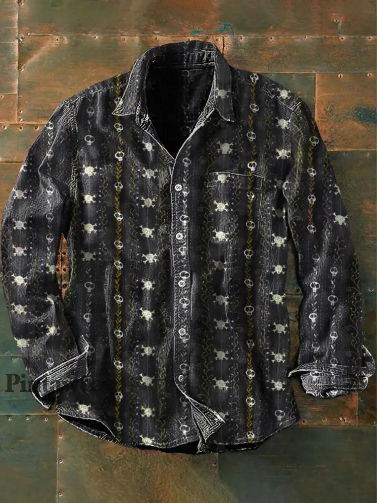 Hombres al aire libre vintage punk gótico muerte cráneo patrón casual algodón camisa de manga larga gris / S