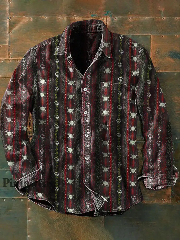 Hombres al aire libre vintage punk gótico muerte cráneo patrón casual algodón camisa de manga larga rojo / S