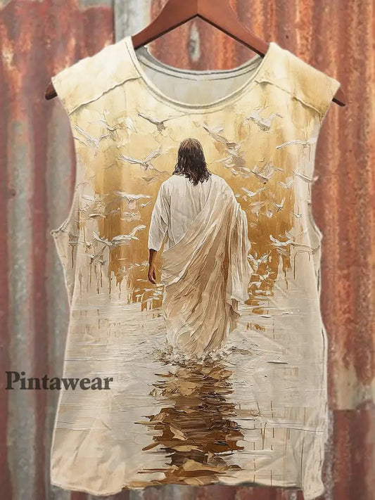 Hombres Casual Jesus Impreso Tank Top Cremoso-Blanco / S