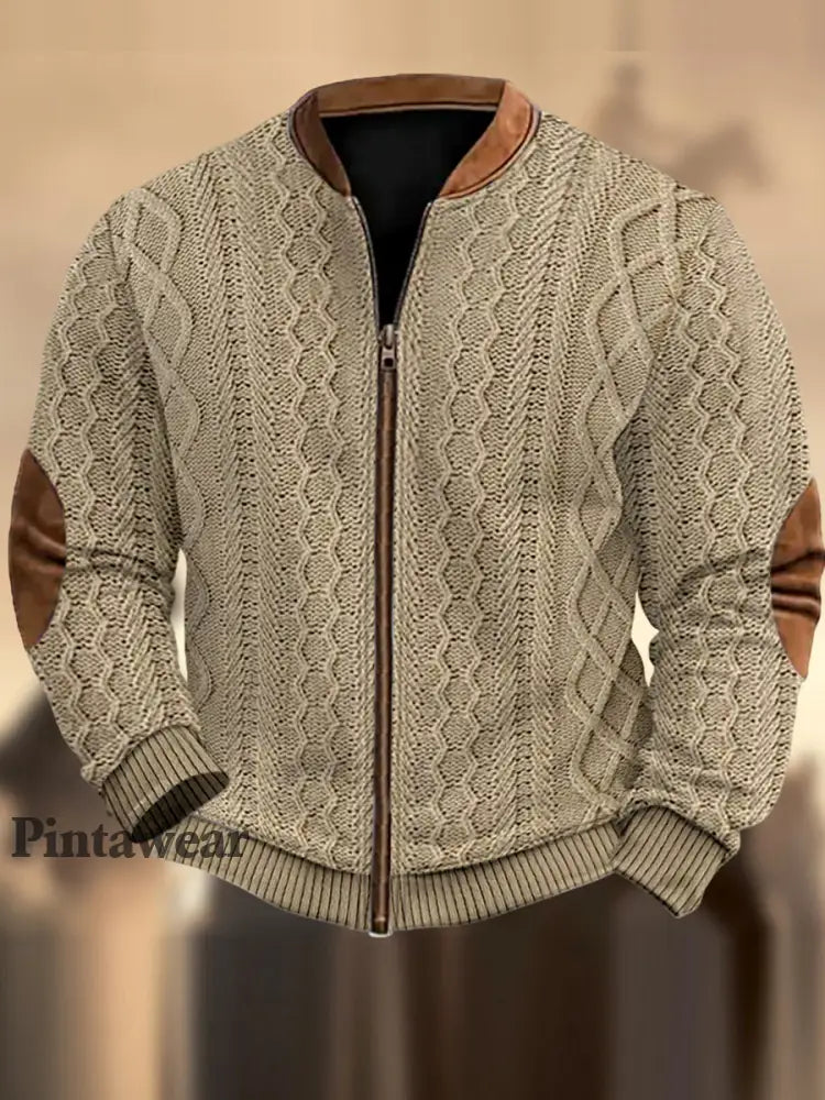 Hombres Retro Art Print Diseño V-cuello cremallera manga larga suéter sudadera A / S Polo