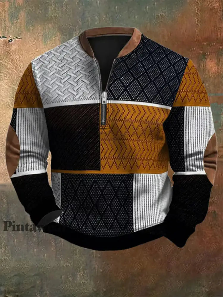 Hombres Retro Art Print Diseño V-cuello cremallera manga larga suéter sudadera A / S Polo