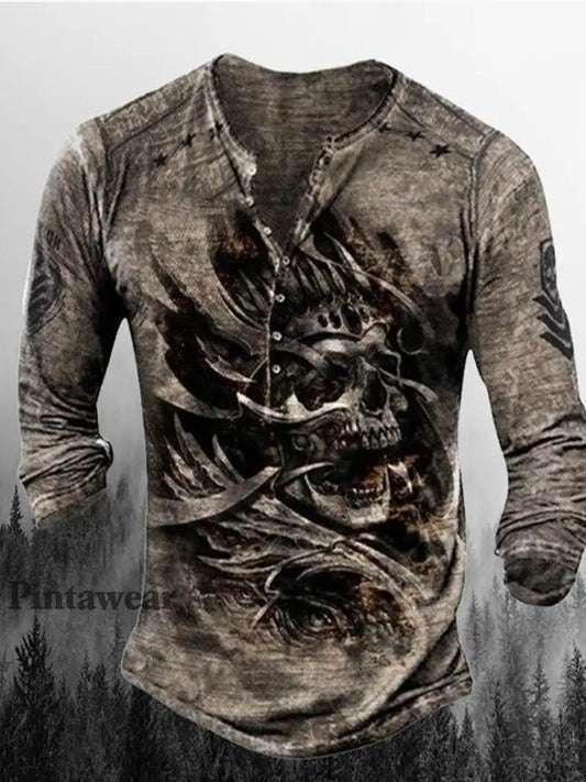 Hombres Retro Cráneo Punk Art Imprimir V-cuello Botón de manga larga Top A / S Camiseta