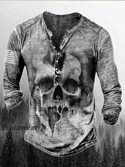 Hombres Retro Cráneo Punk Art Imprimir V-cuello Botón de manga larga Top C / S Camiseta