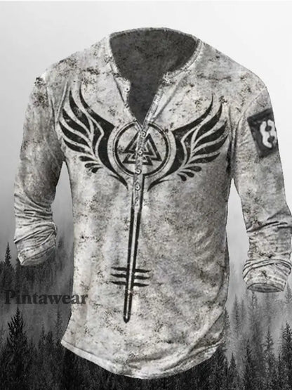 Hombres Retro Cráneo Punk Art Imprimir V-cuello Botón de manga larga Top F / S Camiseta