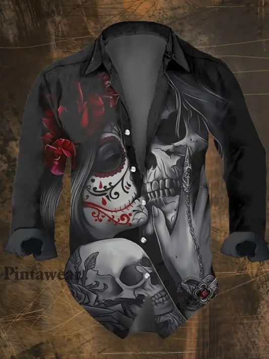 Hombres Retro Skull Punk Art Imprimir V-cuello Botón de manga larga Camisa Top A / S Camisas
