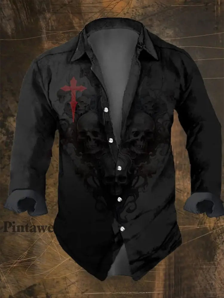 Hombres Retro Skull Punk Art Imprimir V-cuello Botón de manga larga Camisa Top D / S Camisas