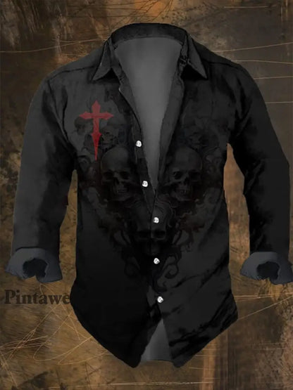 Hombres Retro Skull Punk Art Imprimir V-cuello Botón de manga larga Camisa Top D / S Camisas