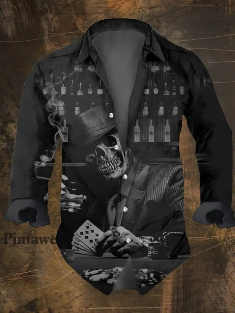 Hombres Retro Skull Punk Art Imprimir V-cuello Botón de manga larga Camisa Top E / S Camisas