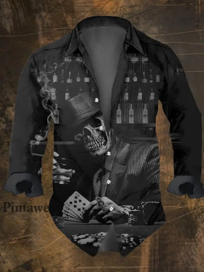 Hombres Retro Skull Punk Art Imprimir V-cuello Botón de manga larga Camisa Top E / S Camisas
