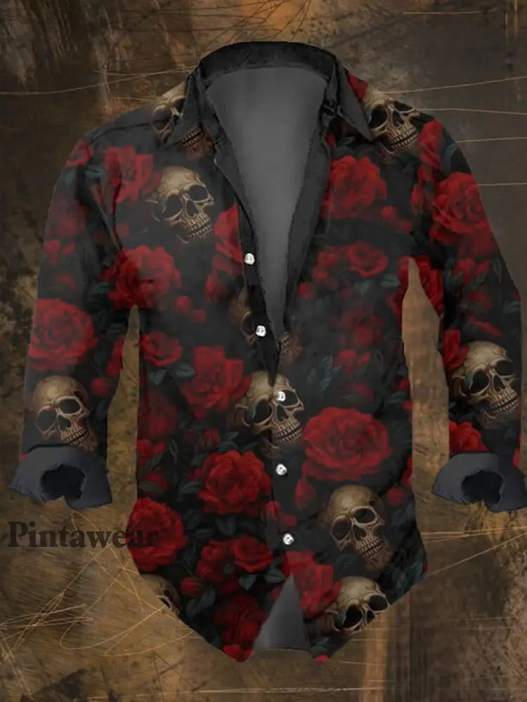 Hombres Retro Skull Punk Art Imprimir V-cuello Botón de manga larga Camisa Top F / S Camisas