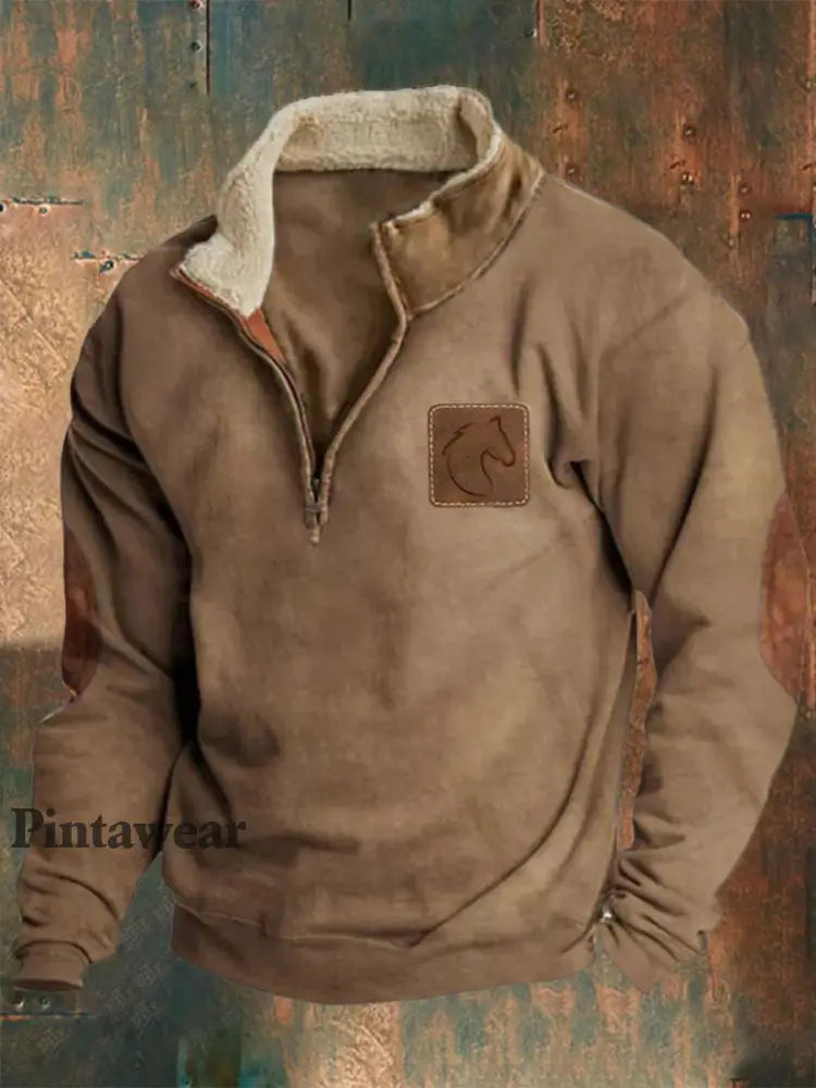 Hombres Retro Western Textured Graphic Print Henley Casual Sudadera gruesa al aire libre A / S Polo