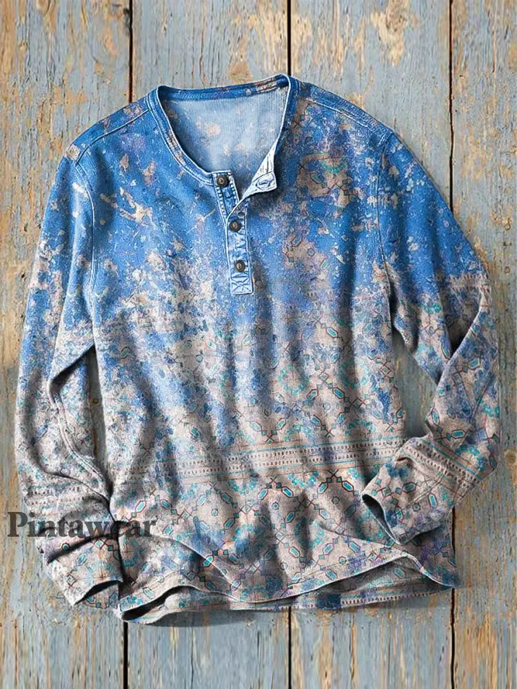 Hombres Vintage abstracto antiguo arte étnico impresión manga larga Henley Camisa colorido / S Camiseta