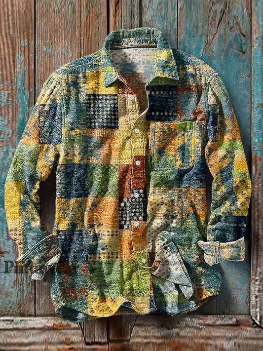Hombres Vintage Abstracto Multicolor Plaid Patrón Algodón Lino Manga Larga Bolsillo Camisa colorido / S Camisas