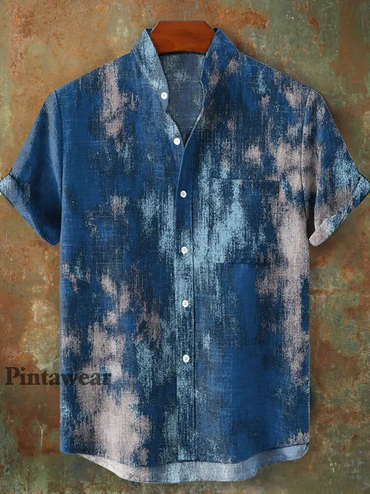 Hombres Vintage Abstracto Swoosh Patrón Stand Collar manga corta Camisa colorido / S