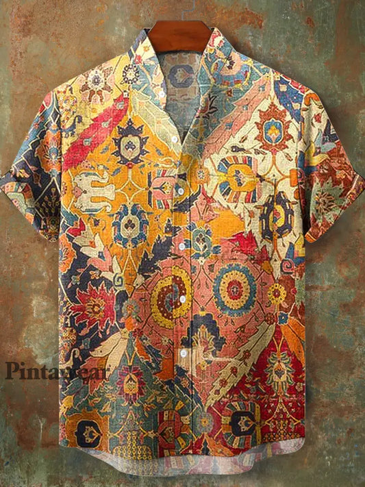 Hombres Vintage Bohemian pintura arte impresión Stand Collar manga corta bolsillo camisa colorido / S
