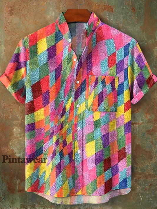 Hombres Vintage Color del arco iris patrón geométrico Stand Collar manga corta Camisa colorido / S