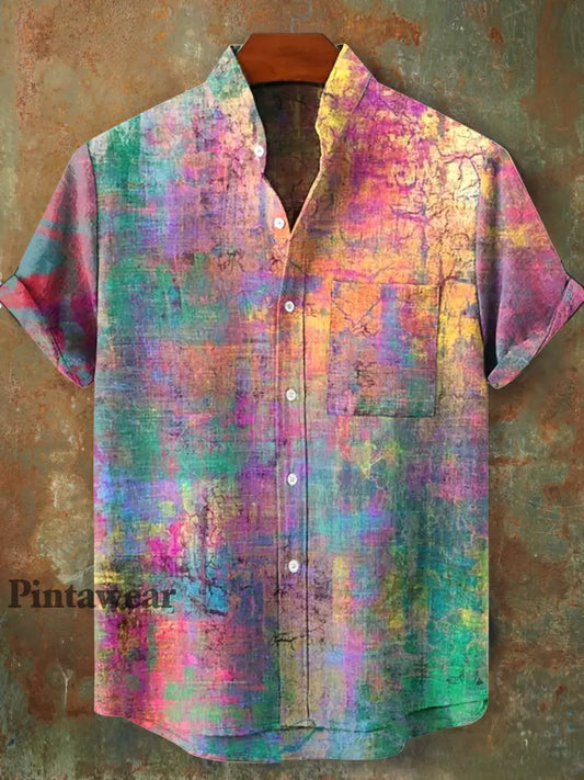 Hombres Vintage Color Swoosh Patrón Stand Collar manga corta Camisa colorido / S