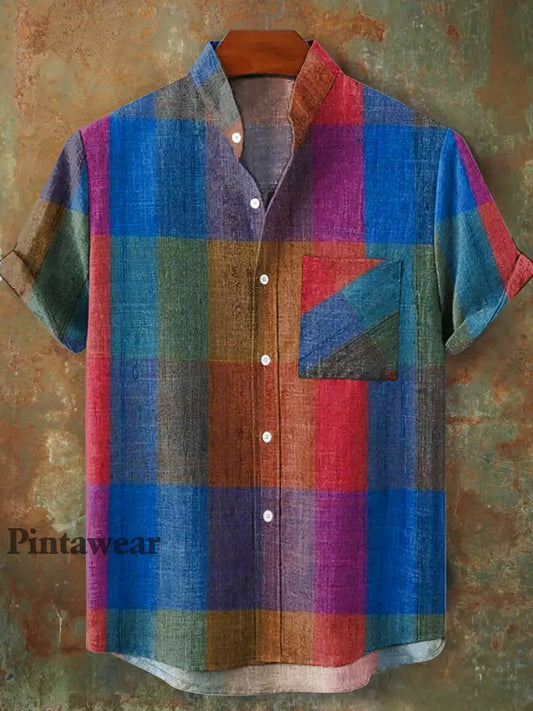 Hombres Vintage Colorido Plaid Patrón Stand-up Collar de manga corta Camisa colorido / S