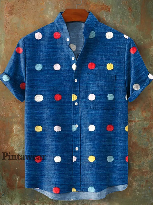 Hombres Vintage colorido Polka Dot Patrón Stand Collar manga corta bolsillo Camisa colorido / S