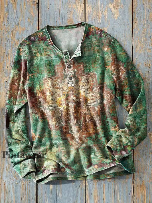 Hombres Vintage étnico geométrico viejo arte impresión manga larga Henley Camisa colorido / S Camiseta