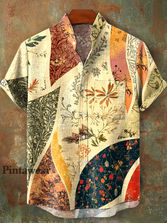 Hombres Vintage Floral Patchwork Patrón Stand Collar manga corta bolsillo Camisa colorido / S