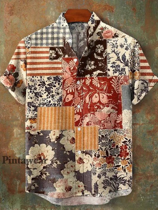 Hombres Vintage Floral Stripe Patrón Stand Collar manga corta bolsillo Camisa colorido / S