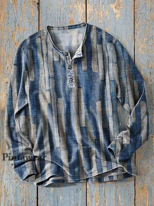 Hombres Vintage Irregular Stripe Art Print manga larga Henley Camisa colorido / S