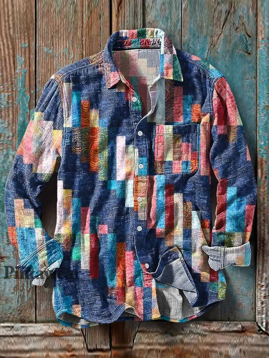 Hombres Vintage Multicolor Línea Irregular Patrón Algodón Lino Manga Larga Bolsillo Camisa colorido / S Camisas