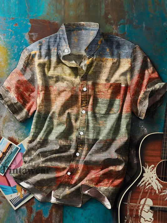 Hombres Vintage Multicolor rayas Art Print Stand Collar de manga corta de bolsillo Camisa colorido / S Camisas
