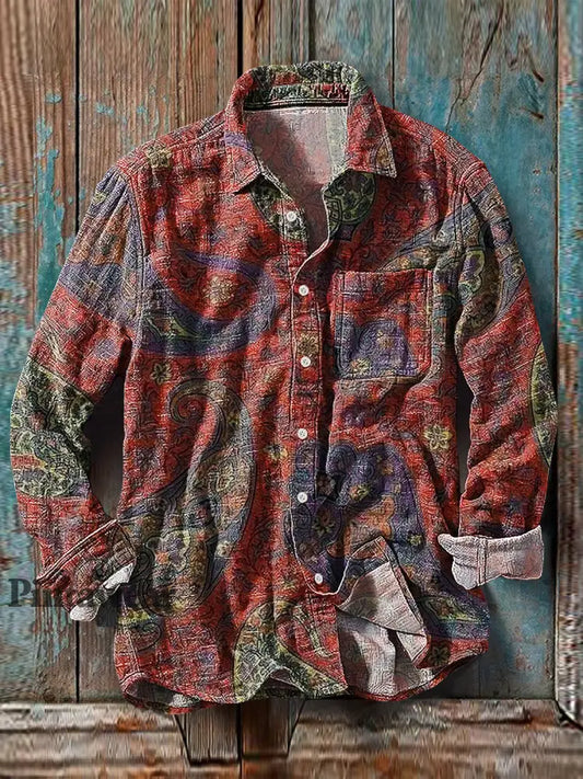 Hombres Vintage Paisley Floral Patrón Algodón Lino Manga Larga Bolsillo Camisa colorido / S Camisas