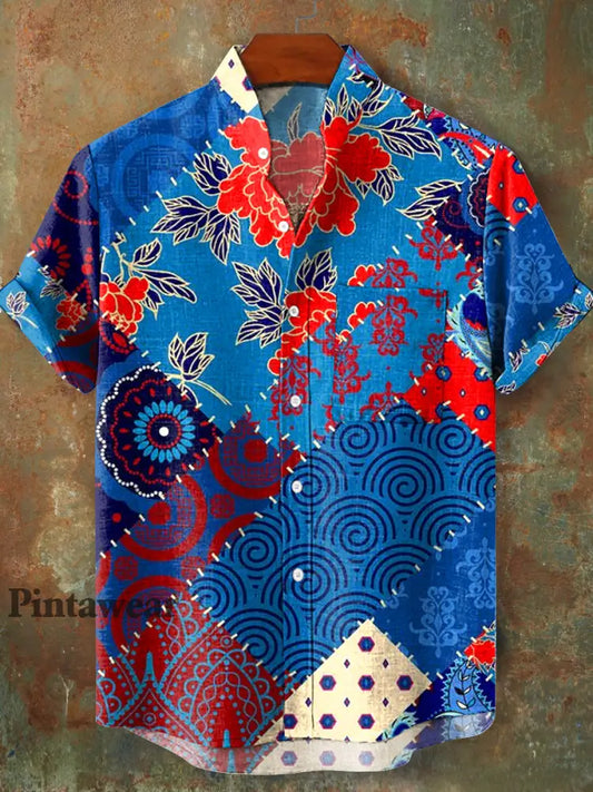Hombres Vintage Patchwork Floral Patrón Stand Collar manga corta Camisa colorido / S