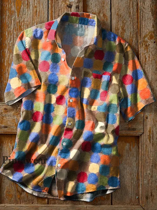 Hombres Vintage Rainbow Color Polka Dot Impreso solapa manga corta bolsillo Camisa colorido / S