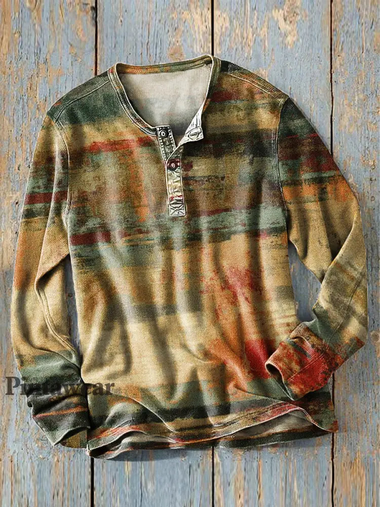 Hombres Vintage Swoosh Stripe Art Print manga larga Henley Camisa colorido / S Camiseta