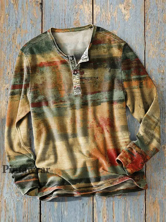 Hombres Vintage Swoosh Stripe Art Print manga larga Henley Camisa colorido / S Camiseta