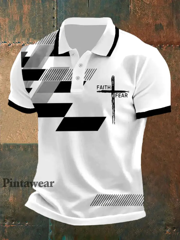 La fe de los hombres sobre el miedo de la cruz de fe geométrica de impresión casual polo Negro / S