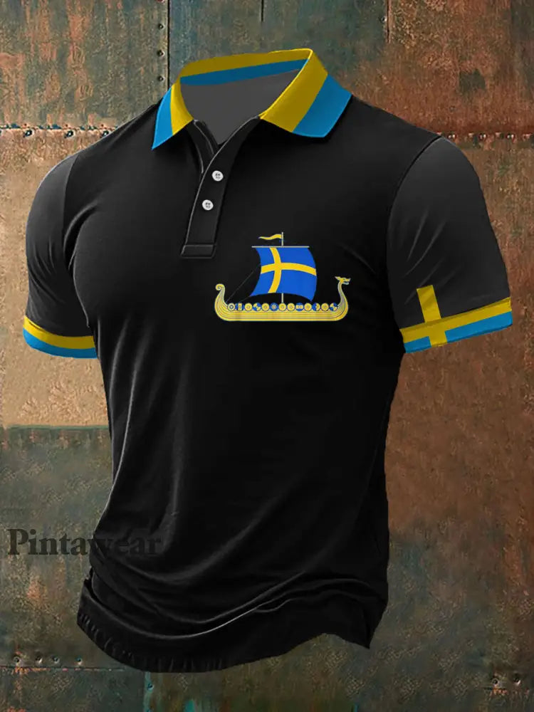 Mäns Sverige Viking Style Tryckt polo skjjorta svart / S