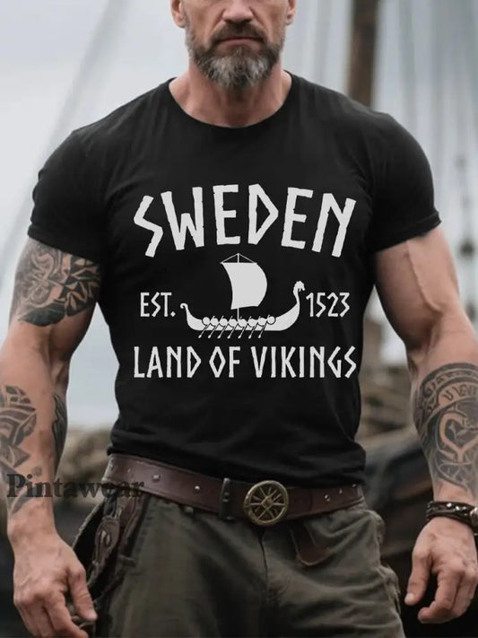 Men’s Retro Sverige Land Vikings Casual Tee svart / S