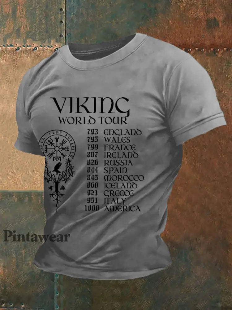 Men’s Retro Viking World Tour Viking Blood Nordic Style Casual Tee ljusgrå. / S