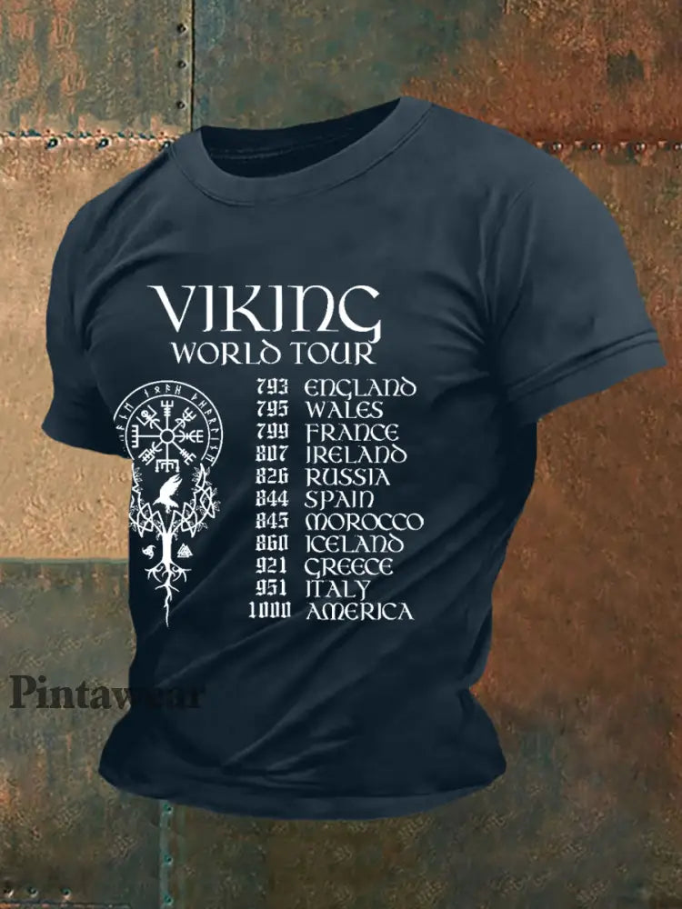 Men’s Retro Viking World Tour Viking Blood Nordic Style Casual Tee marinblå / S