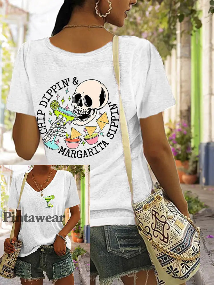 Mujer Cinco De Mayo Chip Dippin’ Margarita Sippin ’Printed V-cuello de manga corta camiseta Blanco / S