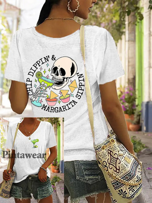 Mujer Cinco De Mayo Chip Dippin’ Margarita Sippin ’Printed V-cuello de manga corta camiseta Blanco / S