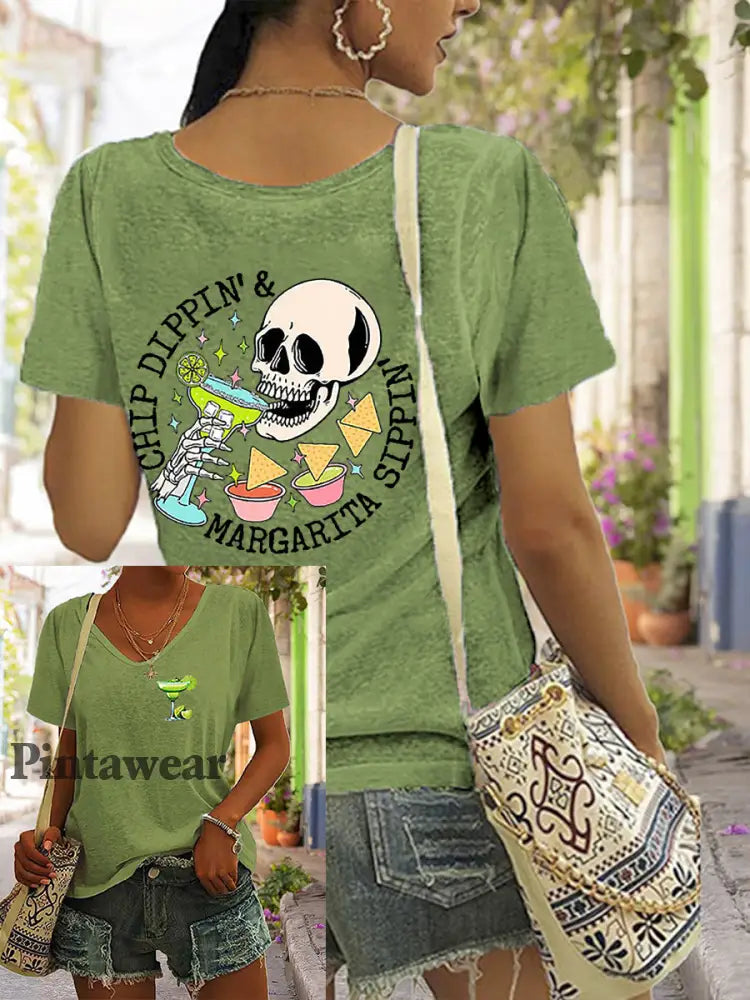 Mujer Cinco De Mayo Chip Dippin’ Margarita Sippin ’Printed V-cuello de manga corta camiseta Verde / S