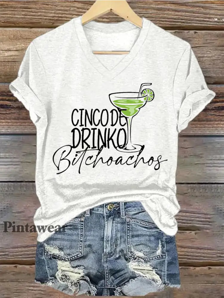 Mujer Cinco De Mayo Impreso con cuello en V Casual Camiseta de manga corta Blanco / S