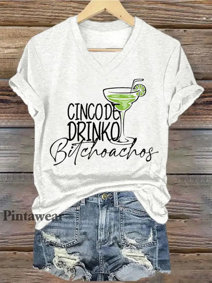 Mujer Cinco De Mayo Impreso con cuello en V Casual Camiseta de manga corta Blanco / S