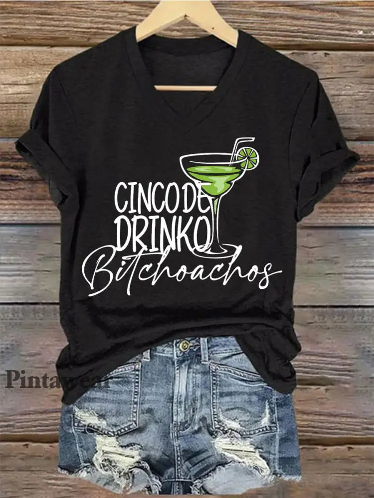 Mujer Cinco De Mayo Impreso con cuello en V Casual Camiseta de manga corta Negro / S
