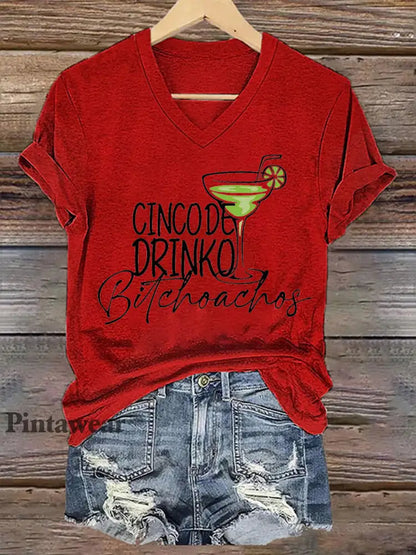 Mujer Cinco De Mayo Impreso con cuello en V Casual Camiseta de manga corta Rojo / 3XL