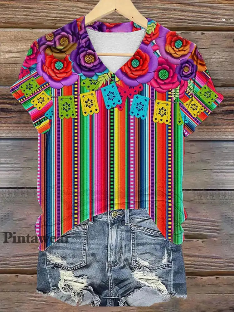 Mujer Cinco De MayoPrinted V-cuello de manga corta Camisa colorido / S